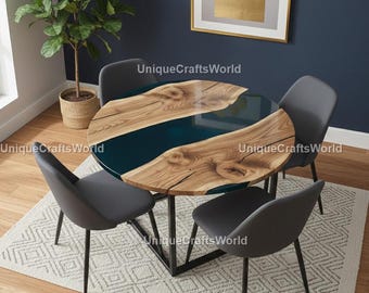 Mesa de comedor redonda hecha a mano con diseño de río, madera con borde natural y resina color turquesa.