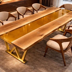 Gold Epoxy River Table Top, Walnut Live Edge Dining Table, Metallic Resin Table, Luxury Round Wood Table, Custom Modern Furniture