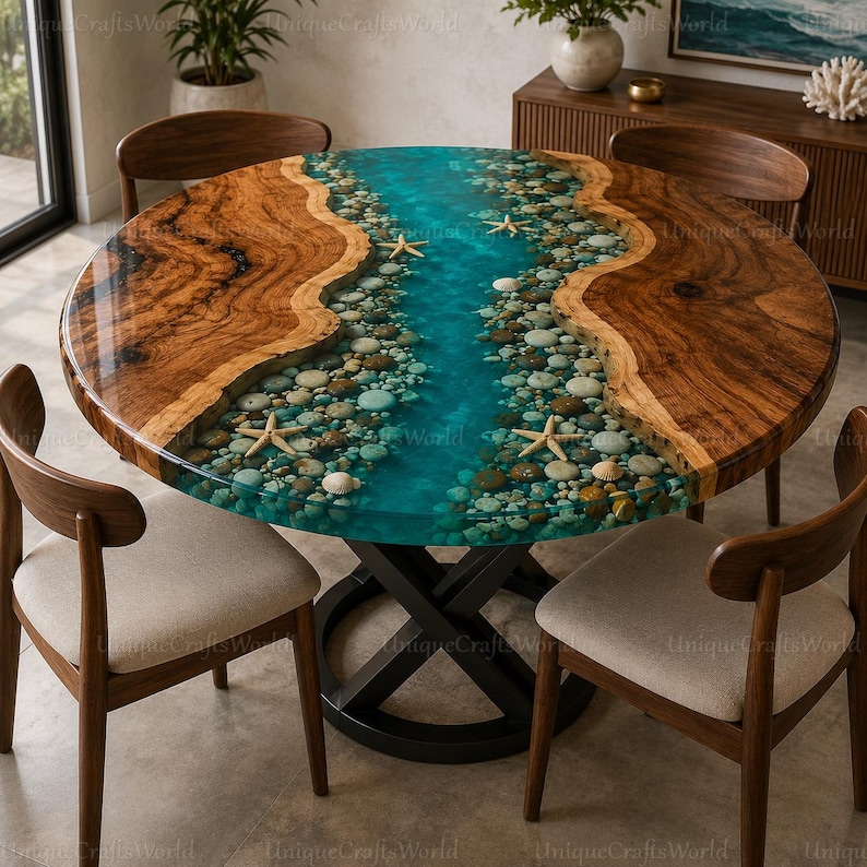 Handcrafted Burl Wood Epoxy River Dining Table, Turquoise Ocean Resin ...