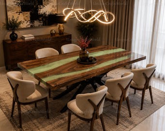 Live Edge Walnut Dining Table with Green Epoxy Resin River | Custom Solid Wood Kitchen Table | Handmade Luxury Dining Room Furniture