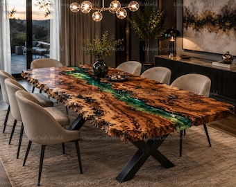 Mesa de comedor de nogal con borde natural, río de resina epoxi verde esmeralda, mesa de conferencias artesanal