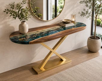 Handcrafted Pebble Epoxy Console Table, Live Edge Walnut & Teal Resin River Entry Table, Modern Luxury Sofa Table