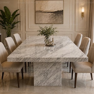 Luxury Calacatta Marble Dining Table | Modern Solid Stone Kitchen Table | Custom Rectangle Pedestal Dining Table | Large White Marble Table
