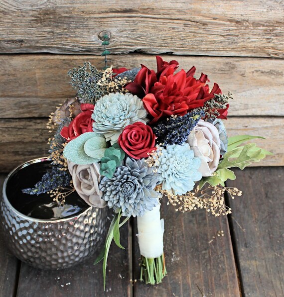 Blue Berry Spray Keepsake Bridesmaid Bouquet Lambs Ear Dahlias Sola Flowers Silk Flowers Thistles Forever Bouquet #1004 Dusty Miller