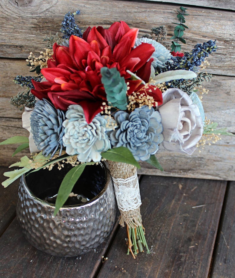 Blue Berry Spray Keepsake Bridesmaid Bouquet Lambs Ear Dahlias Sola Flowers Silk Flowers Thistles Forever Bouquet #1004 Dusty Miller