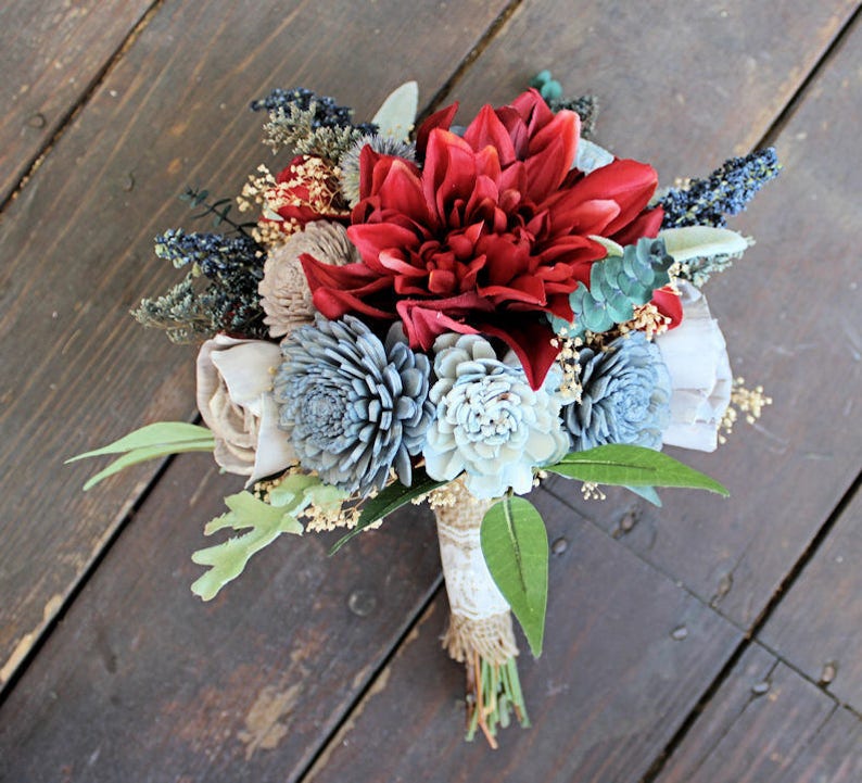 Blue Berry Spray Keepsake Bridesmaid Bouquet Lambs Ear Dahlias Sola Flowers Silk Flowers Thistles Forever Bouquet #1004 Dusty Miller