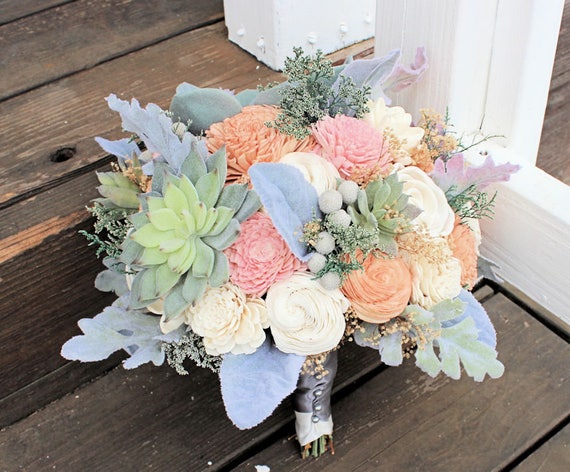 Bouquet De Mariée Sola Bois Fleurs Plantes Grasses Dusty