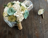 Handmade Alternative Wedding Bouquet - Moss Green Seafoam Ivory Bridal Bridesmaid Bouquet, Sola Flower Bouquet, Keepsake Bouquet
