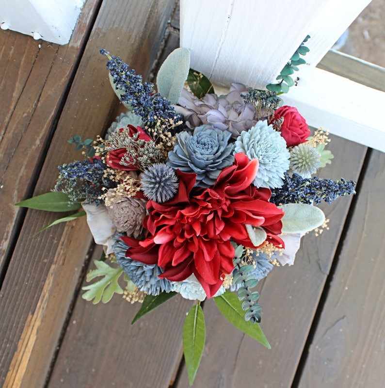 Blue Berry Spray Keepsake Bridesmaid Bouquet Lambs Ear Dahlias Sola Flowers Silk Flowers Thistles Forever Bouquet #1004 Dusty Miller