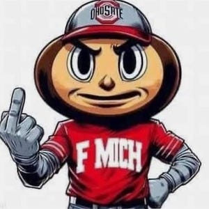 May include: A cartoon mascot character wearing a grey and red baseball cap with the text OHIO STATE, and a red shirt with the text F MICH in white letters. The character has a large head, grey gloves, and is gesturing with a middle finger.