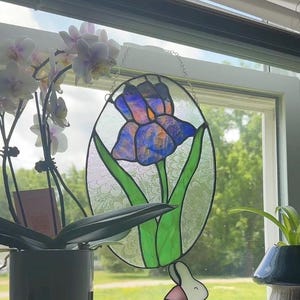 May include: Stained glass iris window hanging. The oval-shaped panel features a vibrant blue and purple iris flower with green leaves. The glass is framed with a clear, textured border and hangs from a silver chain. The window is in front of a window with plants.