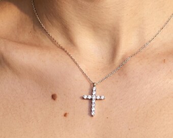 Pave Diamond Cross Pendant, Tiny Gold Cross Necklace, Dainty Sterling Silver Chain, Minimalist cross, Birthday Gift, Gift for Friends