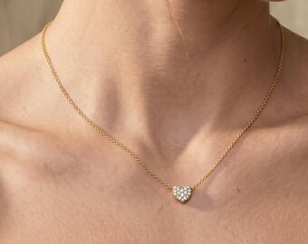Diamond Heart Necklace in 18K Gold, Pave Heart Pendant, Minimalist Everyday Necklace, Bridesmaid Gift, Romantic Anniversary Gift