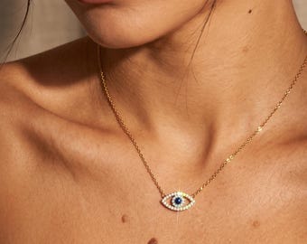 Gold Evil Eye Necklace, Dainty Protection Necklace, Blue Evil Eye Pendant, Layering Necklace, Birthday Gift, Good Luck Charm Gift for Her