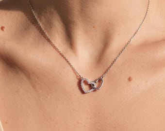 Interlocking Hearts Necklace, Sterling Silver Double Heart Pendant, Romantic Daimond Jewelry, Anniversary Gift, First Communion Gift