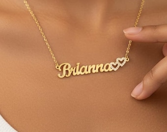 Custom Name Necklace with Double Diamond Hearts | Personalized Gold Nameplate Jewelry | Dainty Gold Name Jewelry | Anniversary Gift