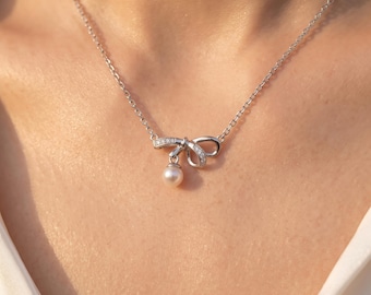 Dainty Bow Pearl Necklace, Sterling Silver Bowknot Diamond Pendant,  Elegant Bridal Jewelry, Cute Coquette Ribbon Necklace Gift for Her
