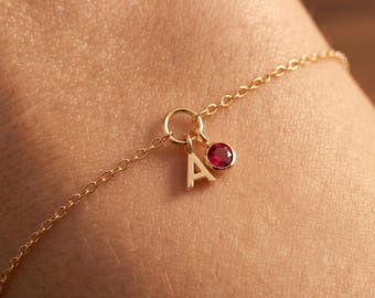 Birthstone Initial Gold Bracelet, Custom Mom Letter Dainty Bracelet, Charm Bracelet Gift for Famliy, Sister, Kids, Birthday Jewelry Gift