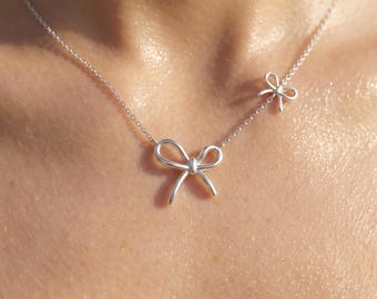 Double Bow Necklace in Sterling Silver | Elegant Bow Pendant Choker | Cute Minimalist Ribbon Jewelry Gift for Her, Valentine's Gift