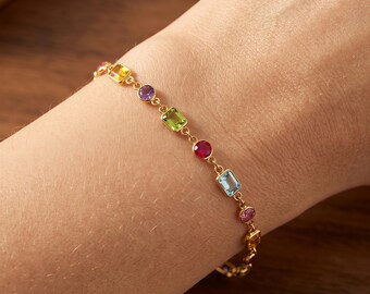 Rainbow Birthstone Bracelet, Multi Gemstone Bracelet, 925 Silver Gold Plated, Colorful Crystal Jewelry, Personalized Gift for Her