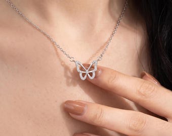 Dainty Butterfly 925 Silver Necklace, Minimalist CZ Pendant Jewelry, Y2K Style Necklace, Charm Gift for Her,  Nature Bridesmaid Gift