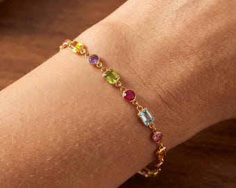 Rainbow Birthstone Bracelet, Multi Gemstone Bracelet,  Gold Plated Jewelry, Colorful Crystal Jewelry,  Personalized Gift for Her