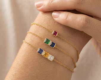 Rectangle Birthstone Gold Bracelet for Family, Mom Birthstone Jewelry, Meaningful Family Brcelet, Waterproof Crystal Jewelry, Gift for Nana