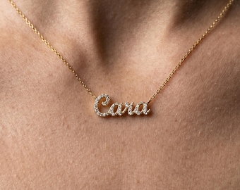 Personalisierte Diamant Namen Halskette, Pave Script Name Gold Schmuck, 14K Benutzerdefinierte Pave Initialen Halskette, Geschenk für Sie, Geschenk für den besten Freund