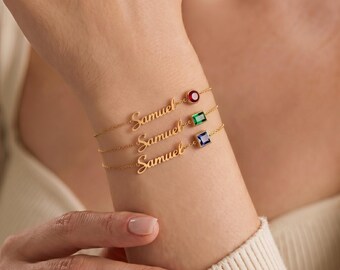 Custom Birthstone Gold Bracelet, Baguette Birthstone Jewelry with Name, Personalized Script Name Brecelet, Meaningful Gift for Mom