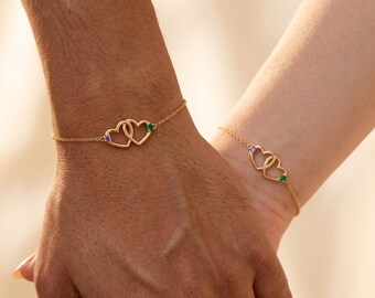 Interlocking Two Hearts Bracelet with Birthstone, Custom Birthstone Bracelet, Mother Daughter Gift,  Anniversary Gift, Delicate Mom Jewelry