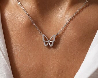 Dainty Butterfly 925 Silver Necklace, Minimalist CZ Pendant Jewelry, Y2K Style Necklace, Charm Gift for Her,  Nature Bridesmaid Gift