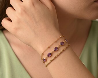 Family Oval Birthstone Gold Bracelet Set, Unique Layered Birthstone Jewelry Set, Mom Daughter Best Friend Family Meaningful Gift