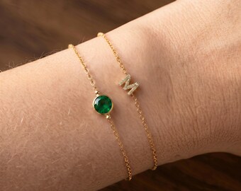 Custom Birthstone Initial Bracelet Set,925 sterling silver gold-plated Layer Letter Bracelet, Dainty Gemstone Bracelet Gift for Mom