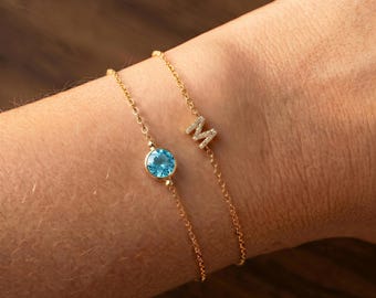 Custom Birthstone Initial Bracelet Set,925 sterling silver gold-plated Layer Letter Bracelet, Dainty Gemstone Bracelet Gift for Mom