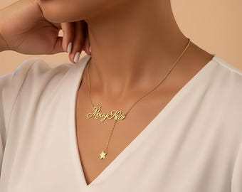 Personalized Name Necklace | Custom Name Necklace with Crown & Star | Gold Y-Lariat Necklace | Dainty Jewelry Gift for Her | Mom Jewelry