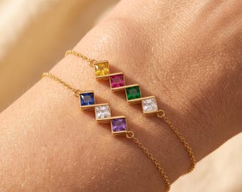 Mom Custom Square Birthstone Bracelet,  925 sterling silver gold plated Rectangle Multi Stone Bracelet, Gift for Mom Wife, Family