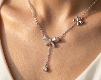 Double Bow Diamond Necklace Sterling Silver | Dainty Bow Pendant Choker | Charm Minimalist Ribbon Jewelry Gift for Mom | Valentine's Gift
