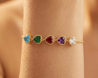 Pulsera de oro con corazones y piedras de nacimiento personalizadas para la familia, delicada joyería con corazones y múltiples piedras preciosas, regalo para el Día de la Madre, regalo para la abuela, regalo para damas de honor