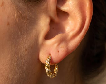 Twisted Rope Huggie Hoop Earrings, 18K Gold Plated Croissant Hoops, Pave CZ Crystal Cartilage Helix, Minimalist Dainty Jewelry