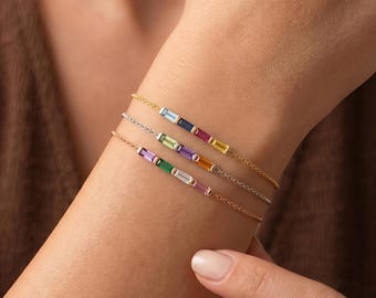 Custom Birthstone Bracelet | Baguette Birthstone Jewelry | 925 Sterling Silver Family Bracelet | Meaningful Birthday Gift for Mom, Kids