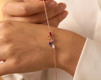 Custom Birthstone Gold Bracelet, Marquise Leaf Bracelet, Personalized Mom Children Birithstone Jewelry Gift,  Birthday Gift for Grandma