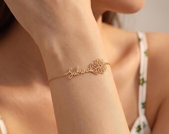 Personalized Dainty Floral Name Bracelet, 18K Gold Plated Custom Daisy Flower Name Jewelry,  Bridesmaid Gift, Gift for Her Mom