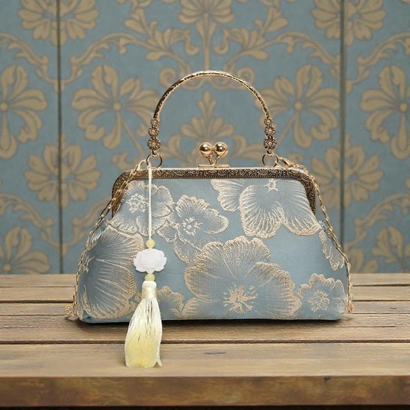 Sacchetto Portagioie in Seta Broccata con Coulisse, Borsa Regalo per Monete con Design Floreale Ricamato Stile Cinese