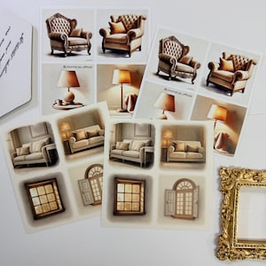 May include: A collection of stickers featuring illustrations of furniture and home decor. The stickers depict armchairs, sofas, lamps, and windows. The color palette includes warm tones of beige, brown, and gold, creating a cozy aesthetic.