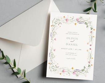 Sjabloon bloemen bruiloft uitnodiging, aquarel wilde bloemen Save the Date (digitale download)