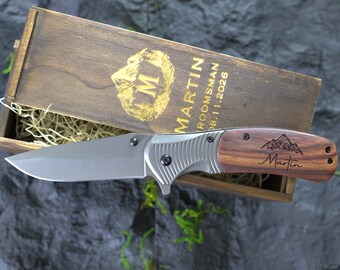 Engraved Wood Handle Pocket Knife & Box, Personalized Groomsmen Gift