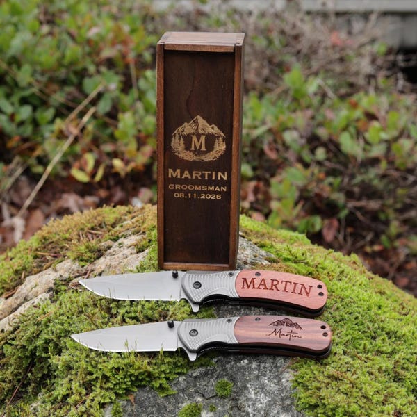 Personalized Pocket Knife Wood Handle, Groomsmen Wedding Gift Box Set