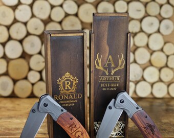 Personalized Groomsmen Gift Box, Engraved Knife, Wood Handle