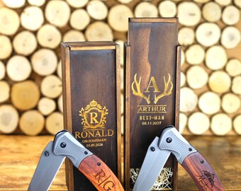 Custom Pocket Knife Set of 6, Personalized Engraved Knives with Wooden Gift Box, Groomsmen Gift, Wedding Party Set