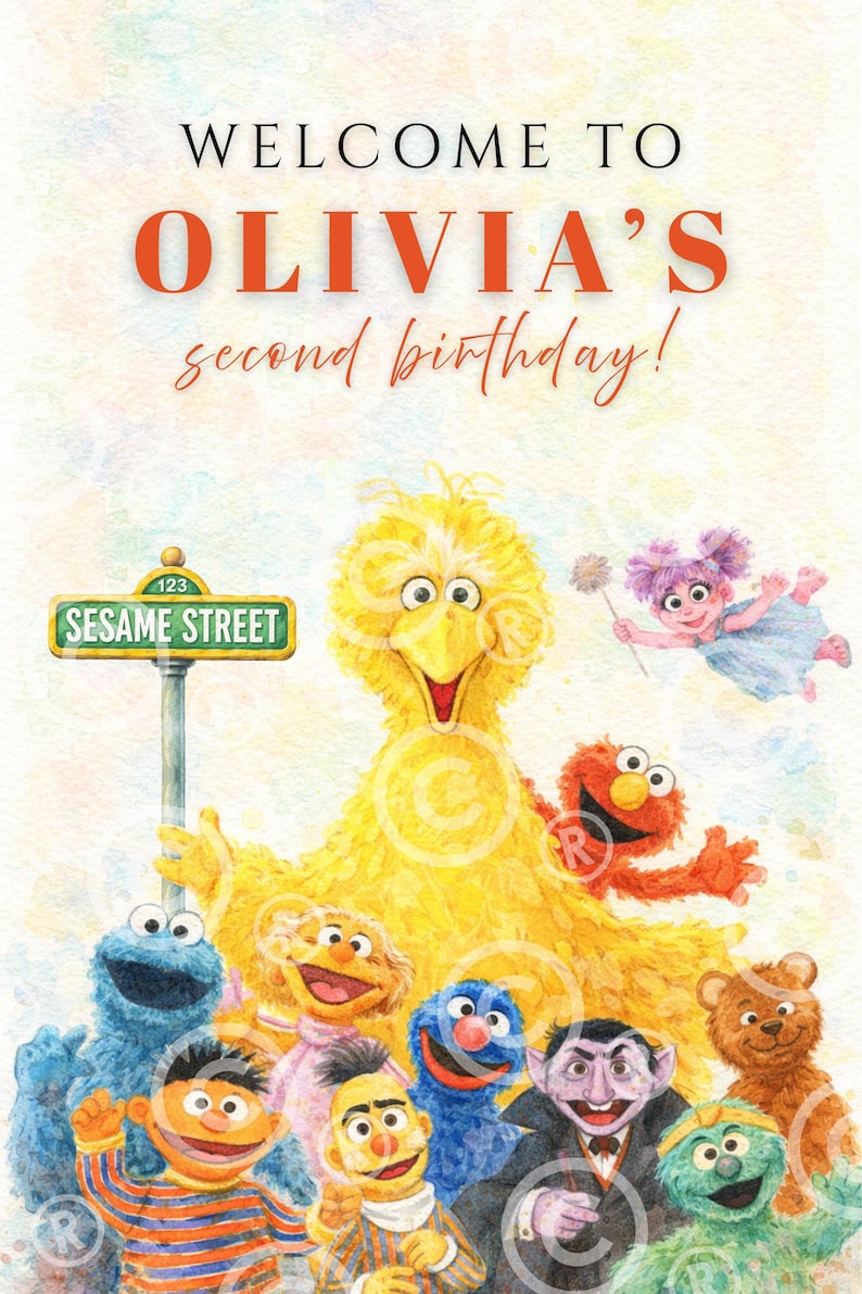 Sesame Street Welcome Sign – Watercolor Custom Name & Age Party Poster ...
